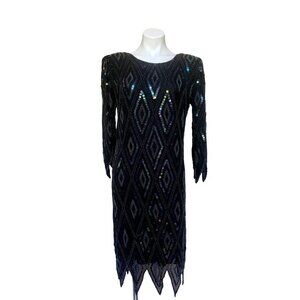 Vintage 90s Beaded Silk Dress Evening Gown Medium